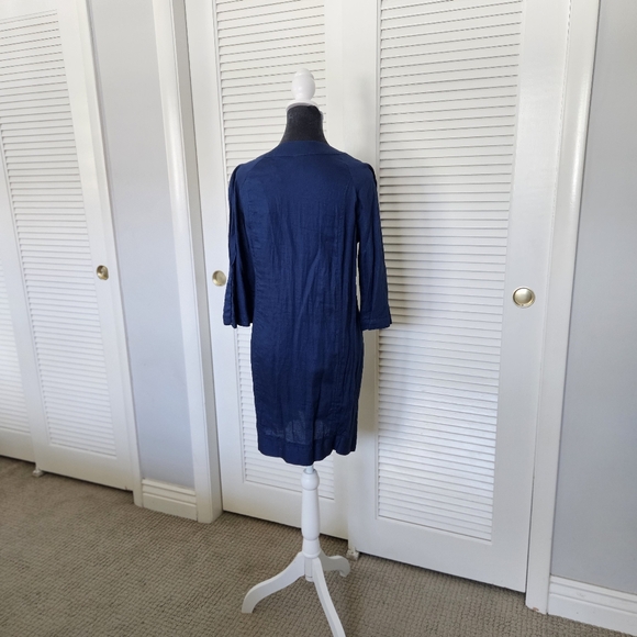 Jets Australia Blue Cotton Dress Beach Cover Up 3/4 Sleeves V Neck, Gold Rings - Picture 4 of 5